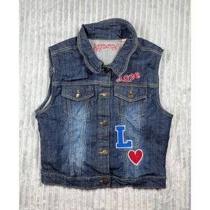 Crystal Vogue Youth XL Denim Sleeveless Motorcycle Vest w/ Love Themed Patchwork
